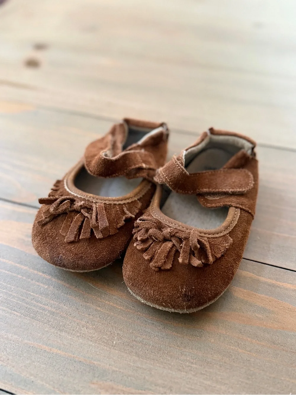Livie & Luca Brown Suede Fringe Mary Jane Baby Shoes - 18-24 Months